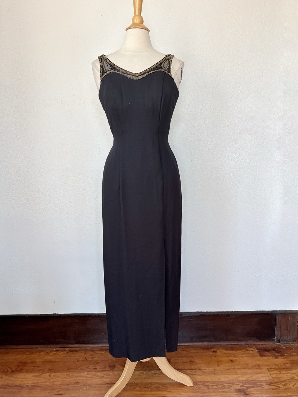 Vintage 90s Black & Gold Beaded Full Length Evening Gown